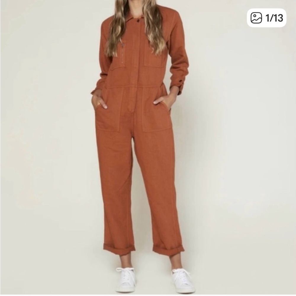 Outerknown Station Jumpsuit Rust Orange Coveralls Linen Cotton Blend Summer-XS